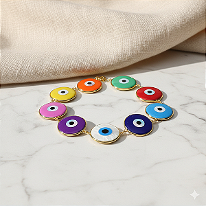 Pulseira Ouro 18k com Olho Grego 15mm Juntos Colorido