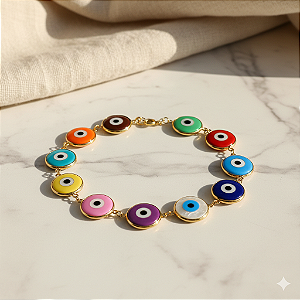 Pulseira Ouro 18k com Olho Grego 10mm Juntos Colorido