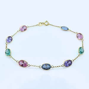 Pulseira Ouro 18k Oval Espaçada Zircônias Coloridas