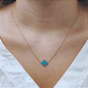 Colar Ouro 18k Trevo Turquesa