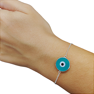 Pulseira Prata Olho Grego Central 15mm - 12 Cores Disponíveis