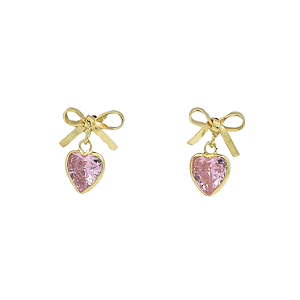 Brinco Laço Ouro 18k com Coração Rosa - Infantil