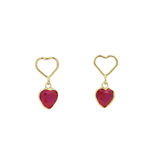 Brinco Ouro 18k Press Coração com Coração Vermelho - Infantil