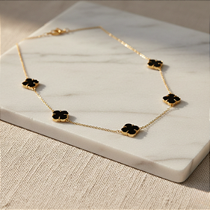 Colar Ouro 18k com 5 Trevos Ônix