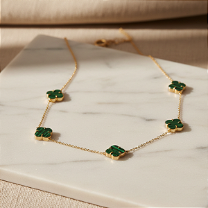 Colar Ouro 18k com 5 Trevos Malaquita