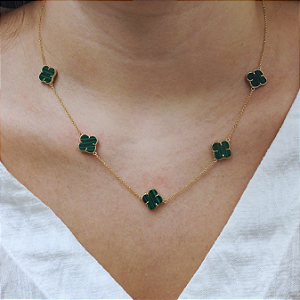 Colar Ouro 18k com 5 Trevos Malaquita
