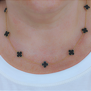 Colar Ouro 18k com 9 Trevos Ônix