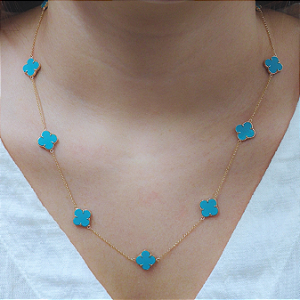 Colar Ouro 18k com 9 Trevos Turquesa Baby