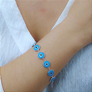 Pulseira Prata Olho Grego Azul Claro 10mm Juntos