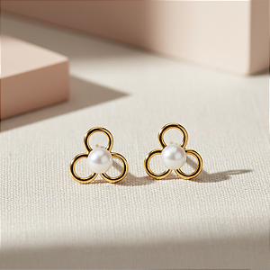 Brinco Ouro 18k Flor Pérola Redonda 3mm