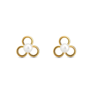 Brinco Ouro 18k Flor Pérola Redonda 4mm - Infantil