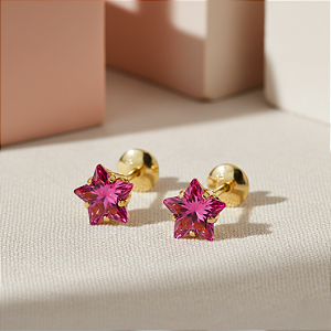 Brinco Ouro 18k Estrela 5mm Vermelha