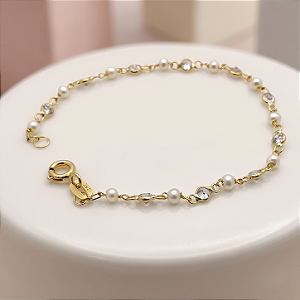 Pulseira Ouro 18k Pérolas Naturais com Pedrinhas Juntinhas - Infantil