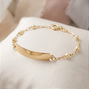 Pulseira Ouro 18k Chapinha com Pérolas Naturais Espaçadas - Infantil Personalizado
