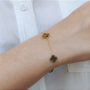 Pulseira 4 Trevos Olho de Tigre em Ouro 18k