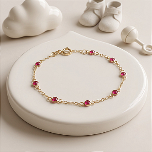 Pulseira Ouro 18k Pedrinhas Vermelhas Espaçadas - Infantil