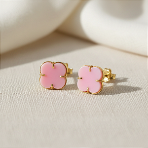 Brinco Ouro 18k Trevo Madrepérola Rosa