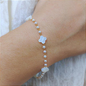 Pulseira Ouro 18k Pérolas Naturais e Trevo Juntos
