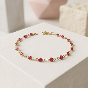 Pulseira Ouro 18k Pedrinhas Vermelhas Juntinhas - Infantil