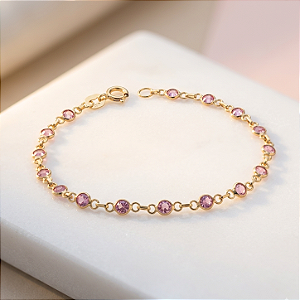 Pulseira Ouro 18k Pedrinhas Rosa Juntinhas - Infantil