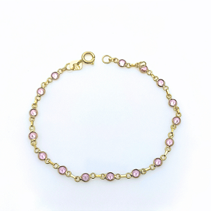 Pulseira Ouro 18k Pedrinhas Rosa Juntinhas  - Infantil