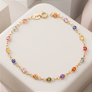 Pulseira Ouro 18k Pedrinhas Coloridas Juntinhas - Infantil