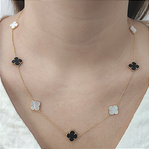 Colar Ouro 18k com 9 Trevos Madrepérola & Ônix