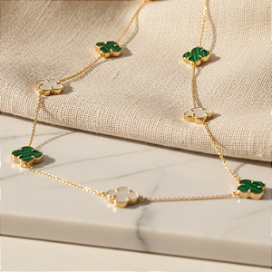 Colar Ouro 18k com 9 Trevos Madrepérola & Malaquita