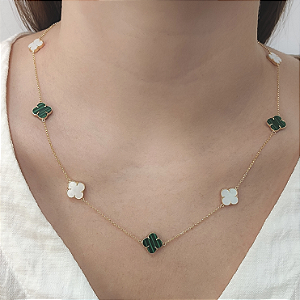 Colar Ouro 18k com 9 Trevos Madrepérola & Malaquita