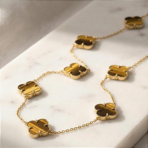 Colar Ouro 18k com 9 Trevos Olho de Tigre