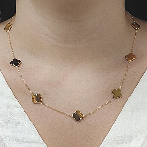 Colar Ouro 18k com 9 Trevos Olho de Tigre