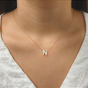 Colar Ouro 18k Letra "N" Madrepérola na Corrente Zeta