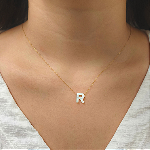 Colar Ouro 18k Letra "R" Madrepérola na Corrente Zeta