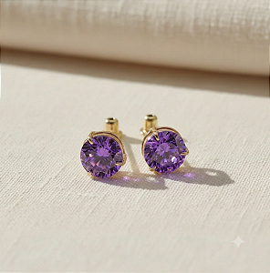 Brinco Ouro 18k Ponto de Luz Redonda 6mm Roxo