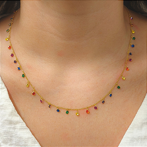 Colar Rainbow em Ouro 18k com Pedrinhas Pendentes