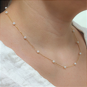 Colar Ouro 18k Veneziana com Pérolas Naturais