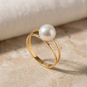 Anel Pérola Natural Ouro 18k Aro Duplo