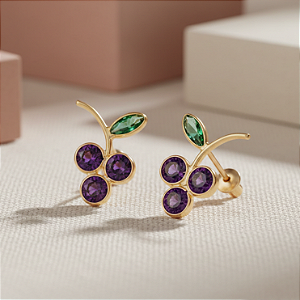 Brinco Uvinha Roxa em Ouro 18k