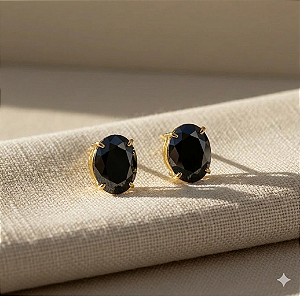 Brinco Ouro 18k Ponto de Luz Oval 6x8mm Ônix Natural