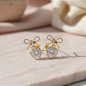 Brinco Laço Ouro 18k com Coração Branco