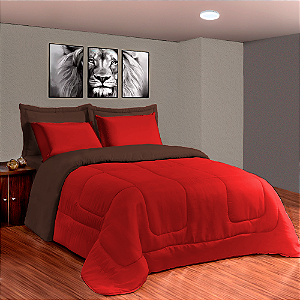 Kit Edredom 6 Peças Casal Queen 2,40 X 2,20 Metros Matelado Dupla Face Vermelho e Marrom Casa Dona