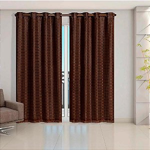 Cortina Blackout com Voil para Sala e Quarto 2,00 X 1,40 Metros 100% Poliéster Voil e Pvc Varão Xadrez Marrom Casa Dona