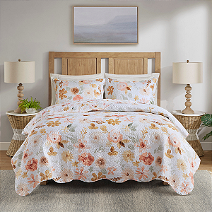 Colcha Paris Estampada Floral  Laranja Solteiro 2,40 X 1,60