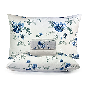 Jogo de Cama Lençol Casal Percal 200 fios Estampado Floral Azul Microtec 04 Peças Toque Macio