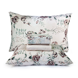 Jogo de Cama Lençol Queen Percal 200 Fios Estampado Floral Rosa  Microtec 04 Peças Toque Macio