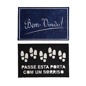 Kit 2 Tapetes Capacho Antiderrapante Porta Entrada 40x60 Cm Bem Vindo Emborrachado Azul e Preto