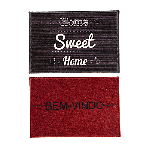 Kit 2 Tapetes Capacho Antiderrapante Porta Entrada 40x60 Cm Bem Vindo Emborrachado Vermelho e Cinza Escuro