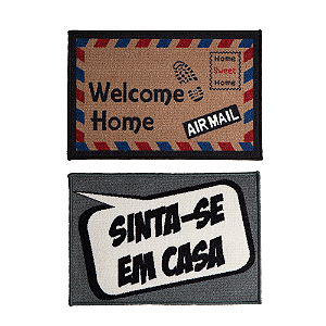 Kit 2 Tapetes Capacho Antiderrapante Porta Entrada 40x60 Cm Bem Vindo Emborrachado Cinza e Welcome