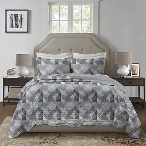 Kit Colcha Cobre Leito Casal Boutis Chevron Cinza Dupla Face 2,20 X 2,40