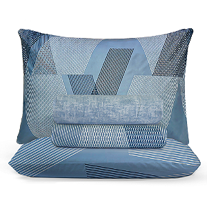 Jogo de Cama Lençol Casal Percal 200 fios Estampado Geométricas Azul Microtec 04 Peças Toque Macio